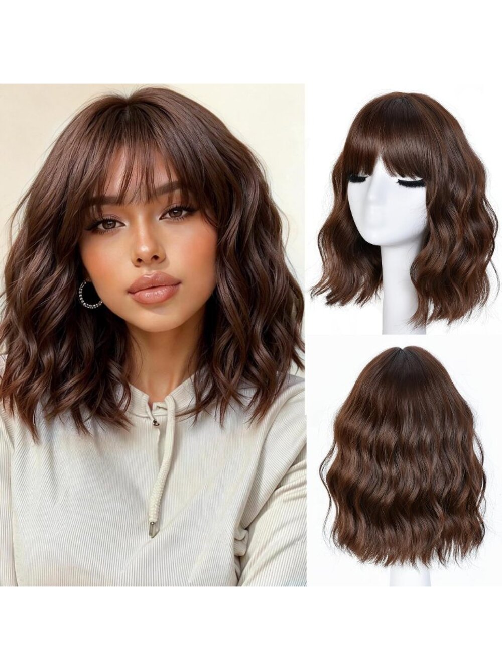 Women's Brown 1 14 Inch Natural Synthetic Short Curly Wavy Fiber Wigs